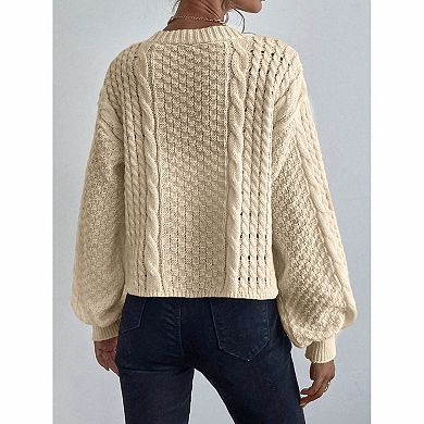 Women's V Neck Cable Knit Button Down Balloon Long Sleeve Cropped Cardigan Sweater