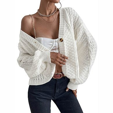 Women's V Neck Cable Knit Button Down Balloon Long Sleeve Cropped Cardigan Sweater