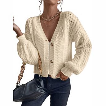 Women's V Neck Cable Knit Button Down Balloon Long Sleeve Cropped Cardigan Sweater