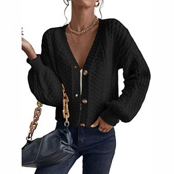 Women's V Neck Cable Knit Button Down Balloon Long Sleeve Cropped Cardigan Sweater