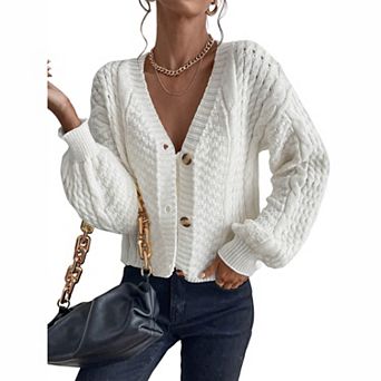 Women's V Neck Cable Knit Button Down Balloon Long Sleeve Cropped Cardigan Sweater