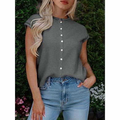 Women's Crew Neck Cap Sleeve Button Front Knit Sweater Vest