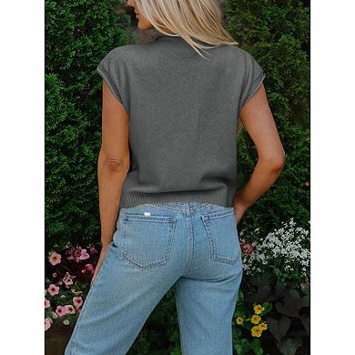Women's Crew Neck Cap Sleeve Button Front Knit Sweater Vest