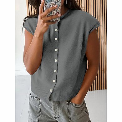 Women's Crew Neck Cap Sleeve Button Front Knit Sweater Vest