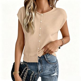 Women's Crew Neck Cap Sleeve Button Front Knit Sweater Vest