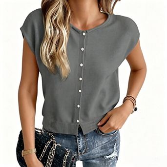 Women's Crew Neck Cap Sleeve Button Front Knit Sweater Vest