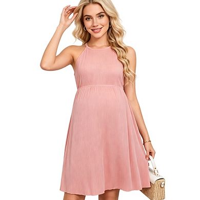 Women Maternity Solid Color Halter Round Neck A Line Casual Dress