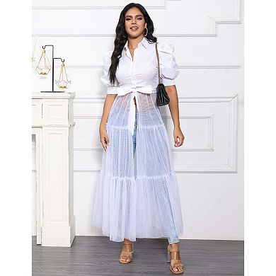 Women's Collared Button Front Blouse with Puff Sleeves and Mesh Panel Detail
