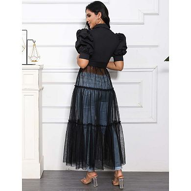 Women's Collared Button Front Blouse with Puff Sleeves and Mesh Panel Detail