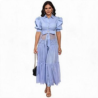 Women's Collared Button Front Blouse with Puff Sleeves and Mesh Panel Detail