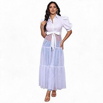 Women's Collared Button Front Blouse with Puff Sleeves and Mesh Panel Detail