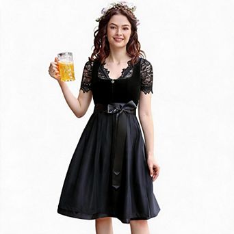 Women's 3 pc Velvet Festival Dress Set with Lace Blouse and Sheer Apron