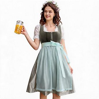 Women's 3 pc Velvet Festival Dress Set with Lace Blouse and Sheer Apron