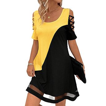 Women's Cold Shoulder Shirt Short Sleeve Summer Casual Hollow Mesh Contrast Color Stitching Dress