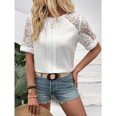 Blueming Women's Short Sleeve Lace Patchwork Casual Daily Wear Top