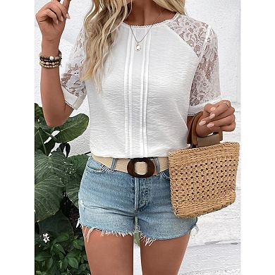 Blueming Women's Short Sleeve Lace Patchwork Casual Daily Wear Top