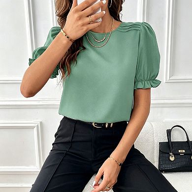 Blueming Women Short Sleeve Round Neck Puff Sleeve Casual Daily Top