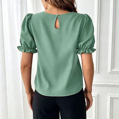 Blueming Women Short Sleeve Round Neck Puff Sleeve Casual Daily Top