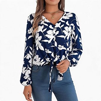 Women's Floral Print V Neck Button Down Blouse, Long Sleeve Cuffed Tie Waist Cropped Shirt Top