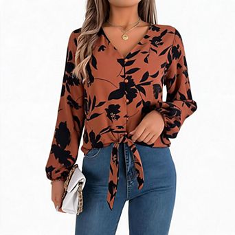 Women's Floral Print V Neck Button Down Blouse, Long Sleeve Cuffed Tie Waist Cropped Shirt Top