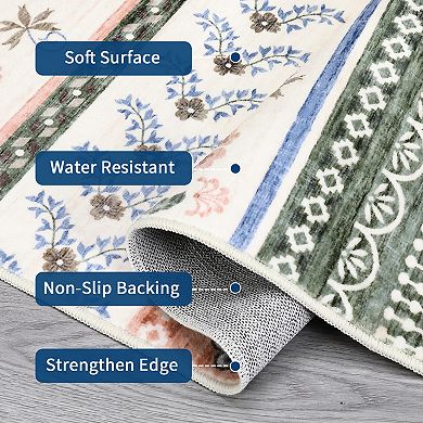 Floral Boho Area Rug Machine Washable Rug Stain Resistant Carpet Non-Slip Backing Folding Carpet