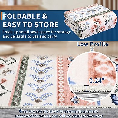 Floral Boho Area Rug Machine Washable Rug Stain Resistant Carpet Non-Slip Backing Folding Carpet