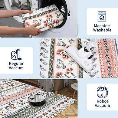 Floral Boho Area Rug Machine Washable Rug Stain Resistant Carpet Non-Slip Backing Folding Carpet