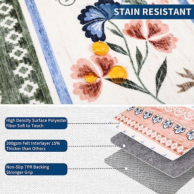 Floral Boho Area Rug Machine Washable Rug Stain Resistant Carpet Non-Slip Backing Folding Carpet
