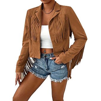 Women's Faux Suede Fringe Jacket Fitted Long Sleeve Warm Fashion Outerwear