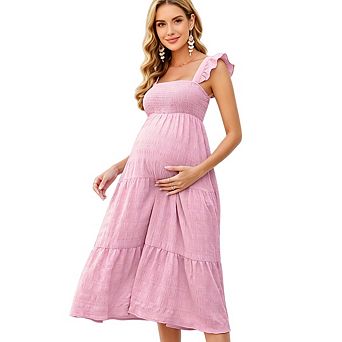 Women Maternity Casual Square Neck Ruffle Sleeve Beach Vacation Midi Dress