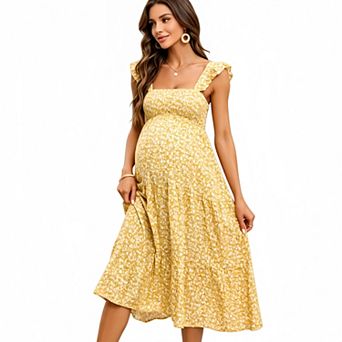 Women Maternity Casual Square Neck Ruffle Sleeve Beach Vacation Midi Dress