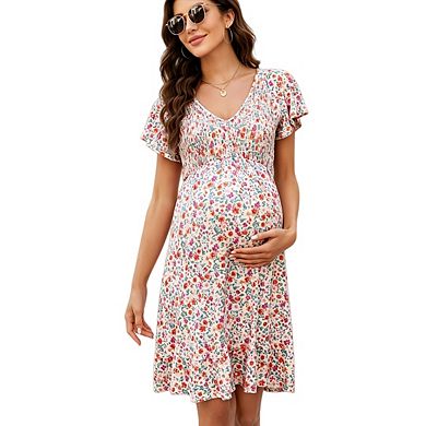Women Maternity Casual V Neck Short Sleeve Sundress