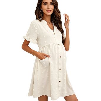 Women Maternity Casual V Neck Button Down Short Sleeve Sundress