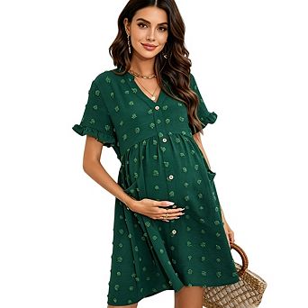 Women Maternity Casual V Neck Button Down Short Sleeve Sundress