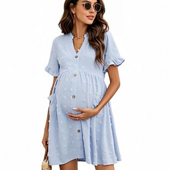 Women Maternity Casual V Neck Button Down Short Sleeve Sundress