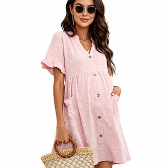 Women Maternity Casual V Neck Button Down Short Sleeve Sundress