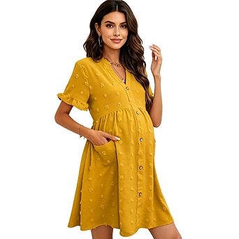 Women Maternity Casual V Neck Button Down Short Sleeve Sundress