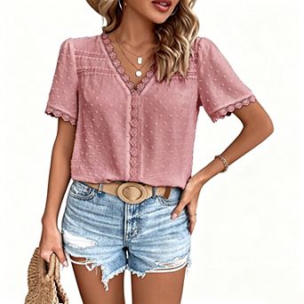 Blueming Womens Short Sleeve Tops Casual V Neck Tee Loose Fit Summer T Shirt