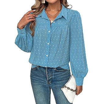 Blueming Women's Top Long Sleeve Turndown Collar Polka Dot Puff Sleeve Loose Casual Blouse