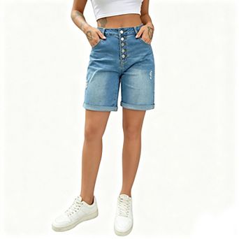 Women's High Waist Button Fly Distressed Cuffed Bermuda Denim Shorts Summer Casual Pants Pockets