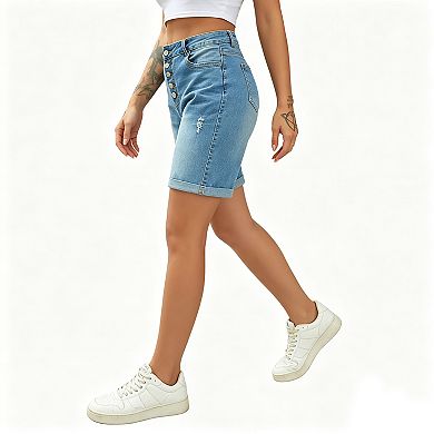 Women's High Waist Button Fly Distressed Cuffed Bermuda Denim Shorts Summer Casual Pants Pockets