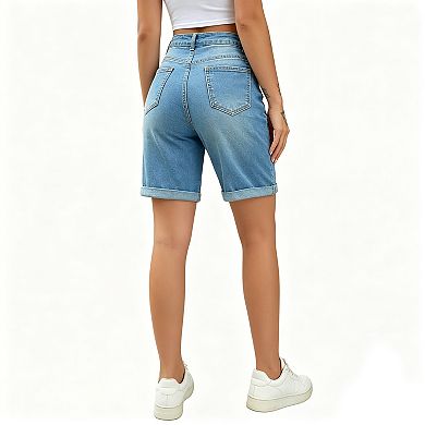 Women's High Waist Button Fly Distressed Cuffed Bermuda Denim Shorts Summer Casual Pants Pockets