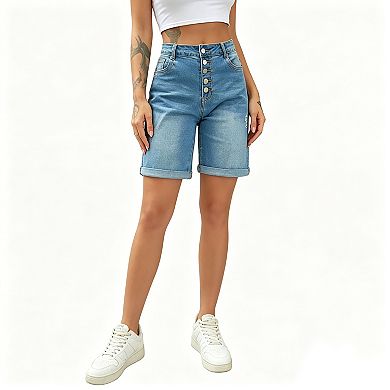 Women's High Waist Button Fly Distressed Cuffed Bermuda Denim Shorts Summer Casual Pants Pockets
