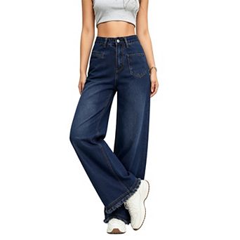 Women's High Waist Frayed Raw Hem Wide Leg Loose Denim Jeans Summer Fall Casual Long Pants Pockets