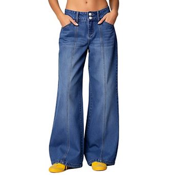 Women's Double Button High Waist Vertical Seam Wide Leg Denim Jeans Summer Fall Casual Pants Pockets