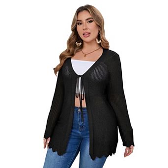 Crochet Cardigans for Women Long Sleeve Tie Front Cardigan Sweaters Hollow Out Knit Cover Up