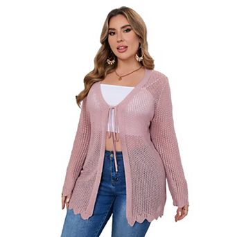 Crochet Cardigans for Women Long Sleeve Tie Front Cardigan Sweaters Hollow Out Knit Cover Up