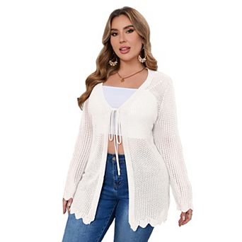 Crochet Cardigans for Women Long Sleeve Tie Front Cardigan Sweaters Hollow Out Knit Cover Up