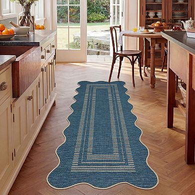 Machine Washable Scalloped Area Rug Non-Slip Woven Stain Resistant Carpet