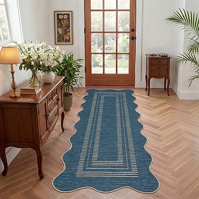 Machine Washable Scalloped Area Rug Non-Slip Woven Stain Resistant Carpet